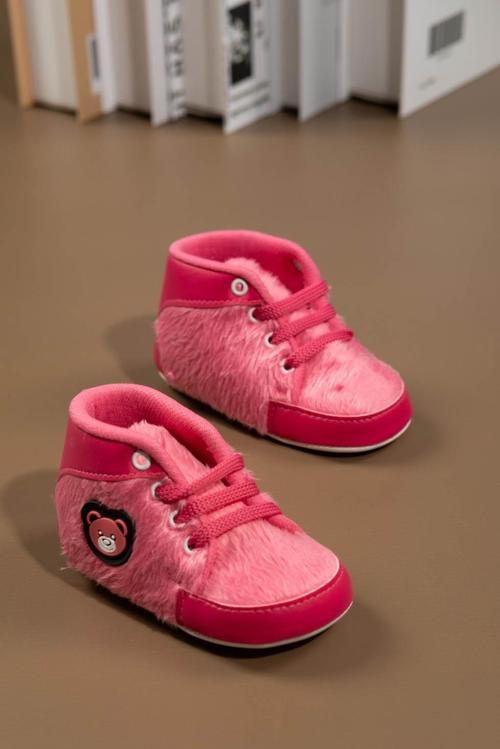 Pembe Peluş Dokulu Ayıcık Aplikeli Kız Bebek İlk Adım Ayakkabısı Koyu Pembe