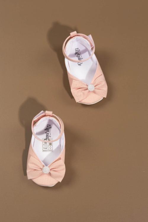 Pudra Rengi Fiyonklu Kız Bebek Babet Ayakkabı İnci Detaylı Cırt Cırtlı Pudra