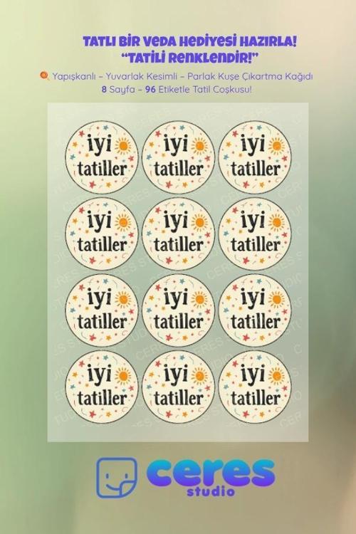 İyi Tatiller Sticker Seti - 96 Adet Yuvarlak Etiket | Yapışkanlı, Parlak Kuşe Çıkartma Kağıdı