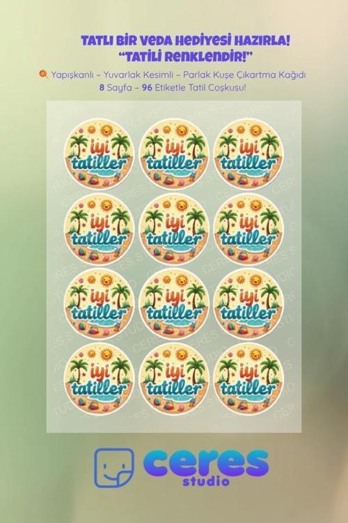 İyi Tatiller Sticker Seti - 96 Adet Yuvarlak Etiket | Yapışkanlı, Parlak Kuşe Çıkartma Kağıdı