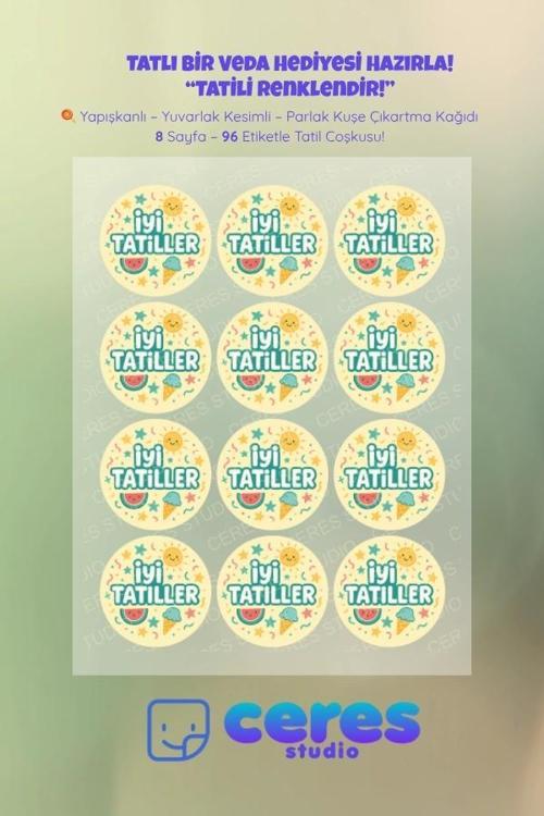 İyi Tatiller Sticker Seti - 96 Adet Yuvarlak Etiket | Yapışkanlı, Parlak Kuşe Çıkartma Kağıdı