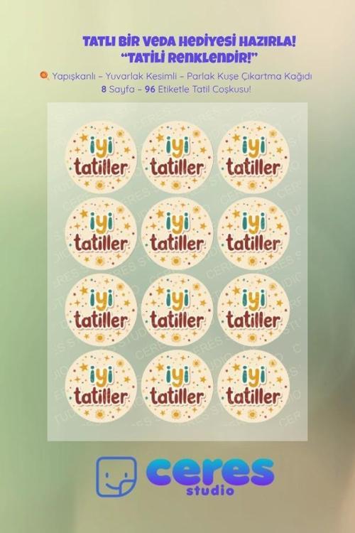 İyi Tatiller Sticker Seti - 96 Adet Yuvarlak Etiket | Yapışkanlı, Parlak Kuşe Çıkartma Kağıdı