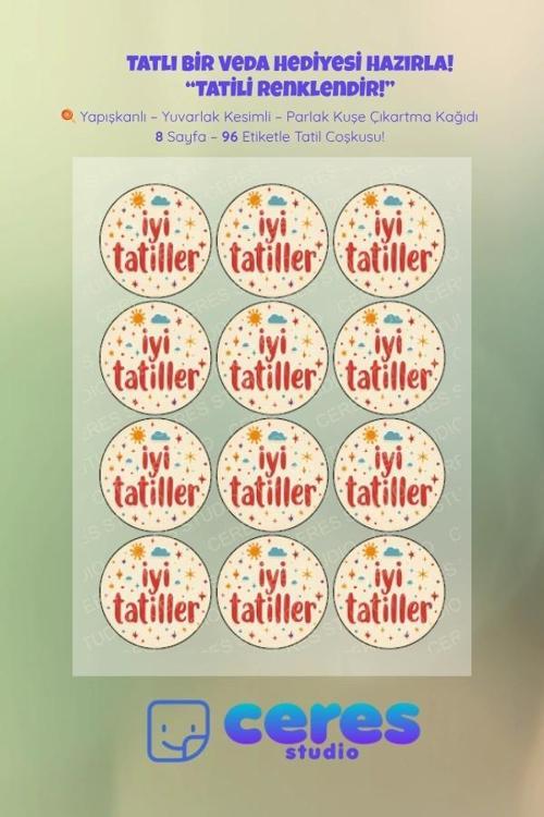 İyi Tatiller Sticker Seti - 96 Adet Yuvarlak Etiket | Yapışkanlı, Parlak Kuşe Çıkartma Kağıdı
