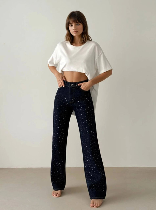 Geniş Kalıp Yüksek Bel Taşlı Kadın Denim Pantolon