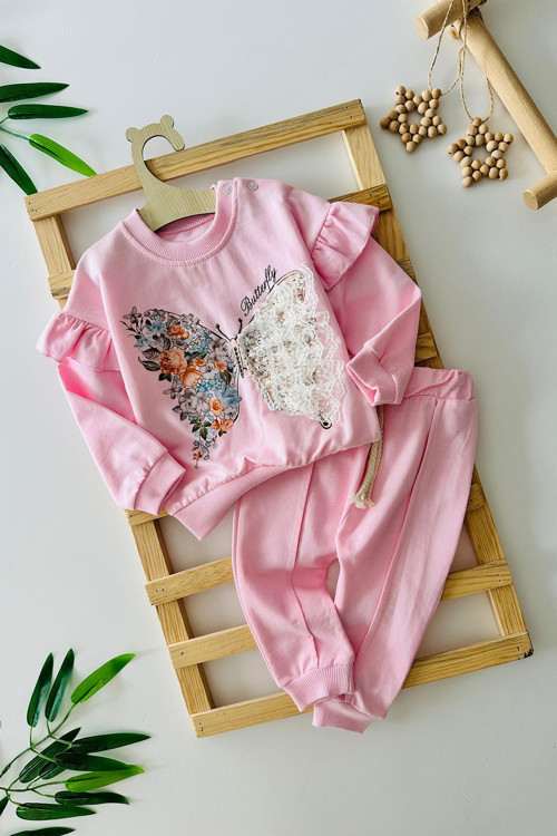 Kelebek Tül Detaylı Kız Bebe 2 li Takım - Pembe