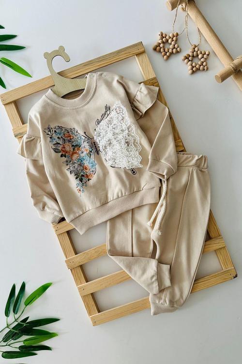Kelebek Tül Detaylı Kız Bebe 2 li Takım - Bej