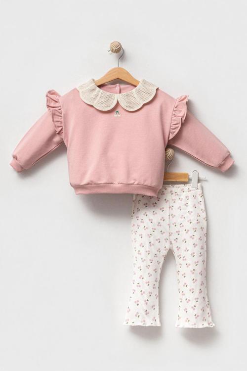 Örgü Yaka Fitilli Vişne Desen Taytlı Kız Bebek Takım - Pembe