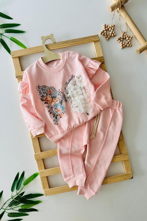 Kelebek Tül Detaylı Kız Bebe 2 li Takım - Somon
