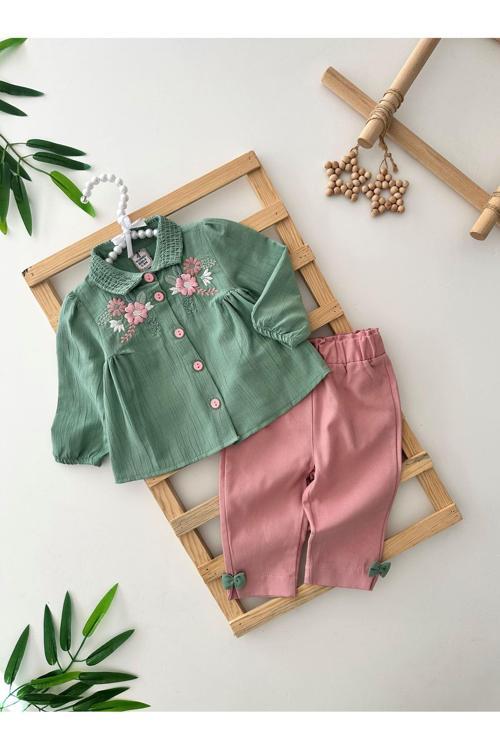 Gipe Nakış Gabardin Fiyonk pantolon Kız Bebek Takım - Yeşil