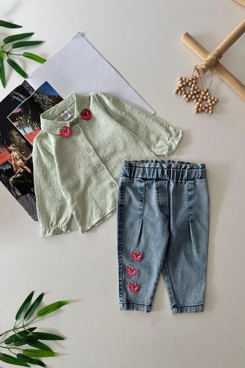 Çilek Nakış İşleme Yaka ve Pantolon Kız Bebek 2 li Takım - Yeşil
