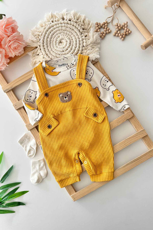 Minigimin Cicileri Ayıcıl Desenli Erkek Bebe 2 li Tulumlu Takım - Hardal