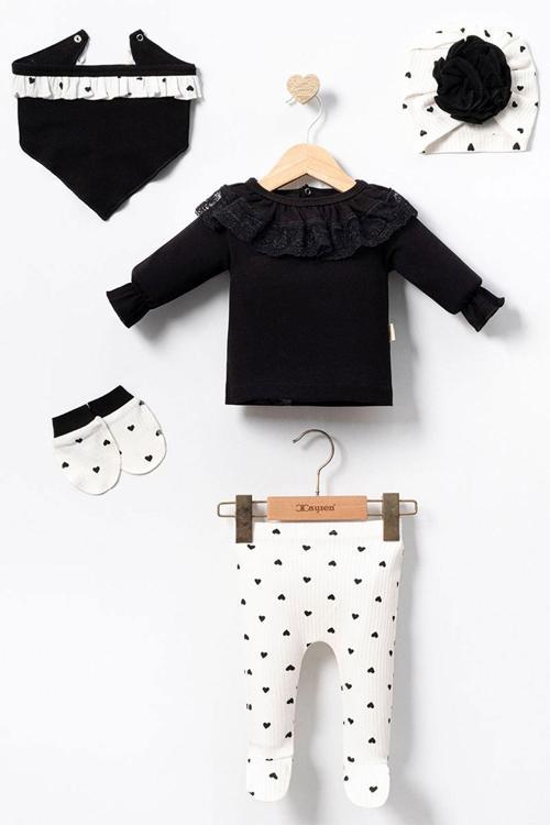 Yaka Güpür Detaylı Kalpli Kız Bebe 5 li Set - Siyah