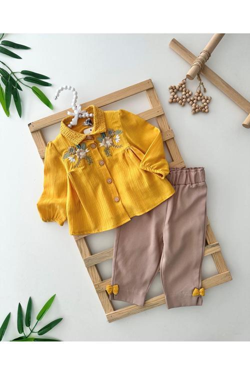 Gipe Nakış Gabardin Fiyonk pantolon Kız Bebek Takım - Hardal