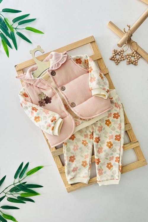 Kız Bebe Papatya Desenli Şişme Yelekli 3 lü Takım - Somon