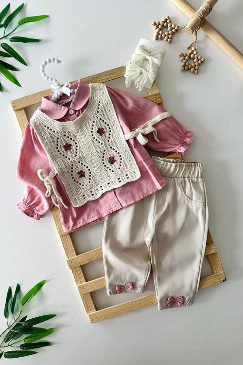 Çiçek Desenli Triko Süveterli Kız Bebe Fiyonk Detaylı 3 lü Takım - Pembe