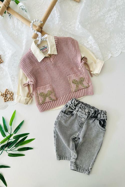 Fiyonk Cep Detaylı Trikolu Kız Bebe 3 lü Takım - Pembe