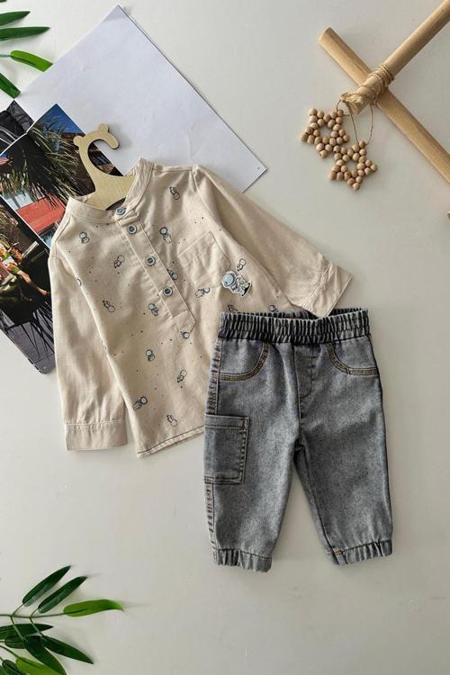 Çilek Astronot İşleme Gömlek Pantolon Erkek Bebek 2 li Takım - Bej