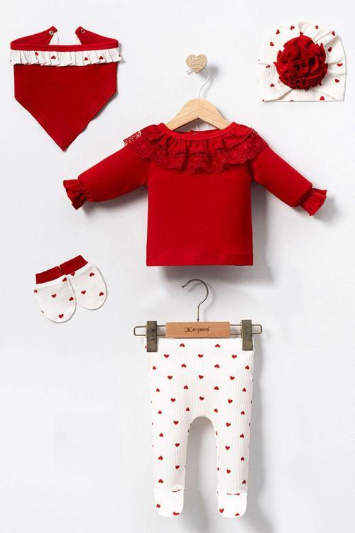 Yaka Güpür Detaylı Kalpli Kız Bebe 5 li Set - Kırmızı
