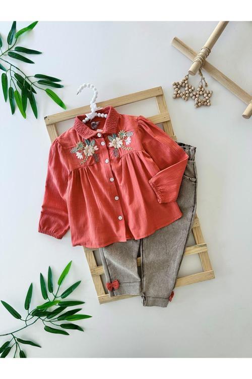 Gipe Nakış Gabardin Fiyonk pantolon Kız Bebek Takım - Nar Çiçeği