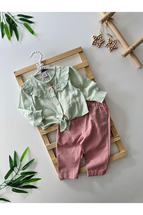 Fırfırlı Gömlek Nakış Pantolon Kız Bebek Takım - Yeşil