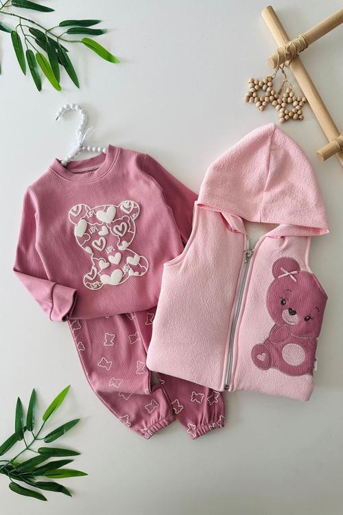Sevimli Ayıcıl Desenli Kız Bebe Şişme Yelekli 3 lü Takım - Mor