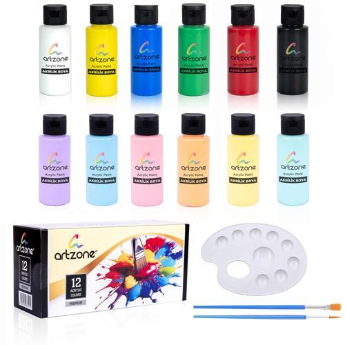 Akrilik Boya Seti 12 Renk x 60ml. Fırça ve Palet Hediyeli (Pastel ve Ana Renkler)
