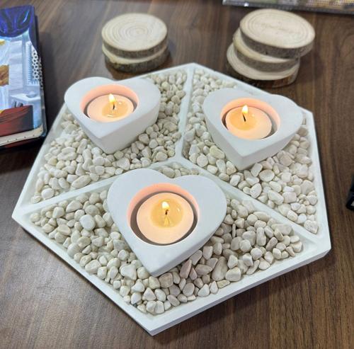 Tabaklı Kalp Motifli Mumluk - Tealight Mumluk ( Mumlar ve Çakıllar Dahil)
