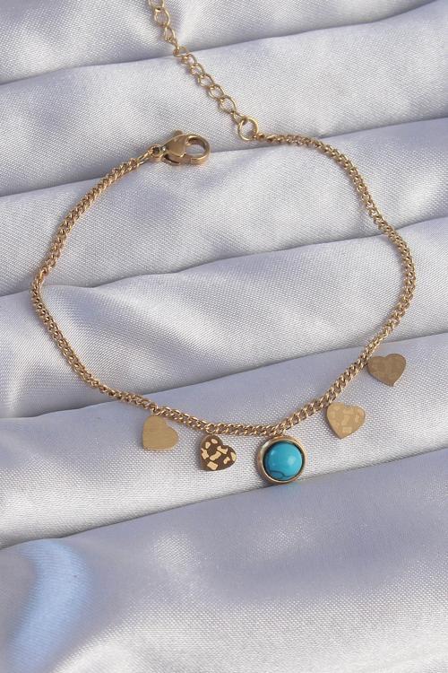 316L Çelik Gold Renk Minimal Kalpli Mavi Taş Detaylı Bileklik - EBJ240807W25530