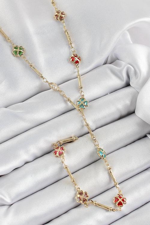 Pirinç Asorti Kalpli Yonca Model Gold Renk Zirkon Taşlı Y Kolye - EBJ250605W34520