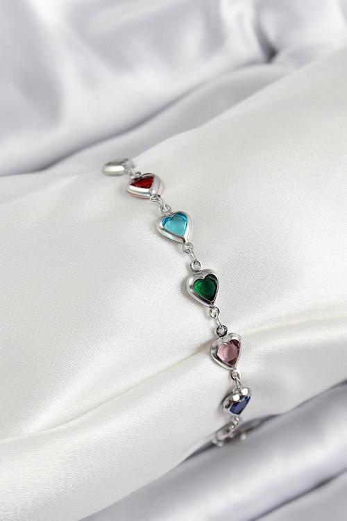 Pirinç Gümüş Renk Karışık Renk Kalp Zirkon Taşlı Kadın Bileklik - EBJ250605W34575