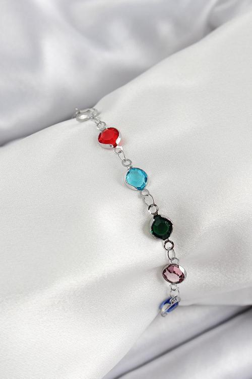 Pirinç Gümüş Renk Karışık Renk Zirkon Taşlı Kadın Bileklik - EBJ250605W34569