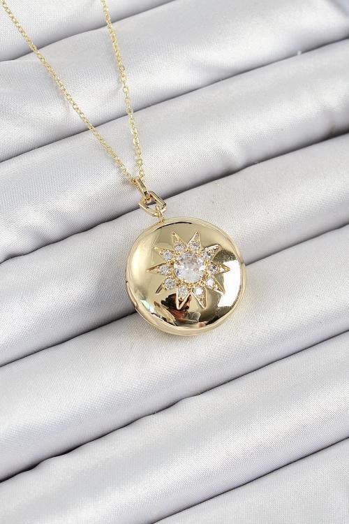 Zincir Açılabilir Madalyon Model Zirkon Taşlı Gold Renk Kadın Kolye - EBJ250605W34505