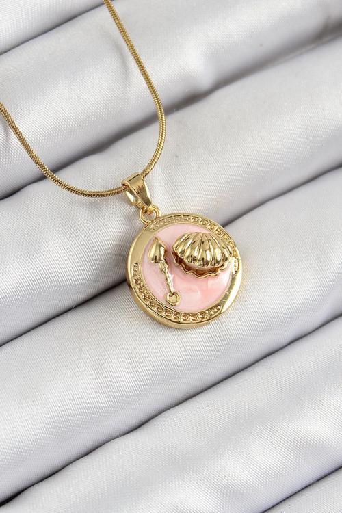 Zincir Pembe Mineli Sanatsal Portre İstiridye Model Gold Renk Kadın Kolye - EBJ250605W34533