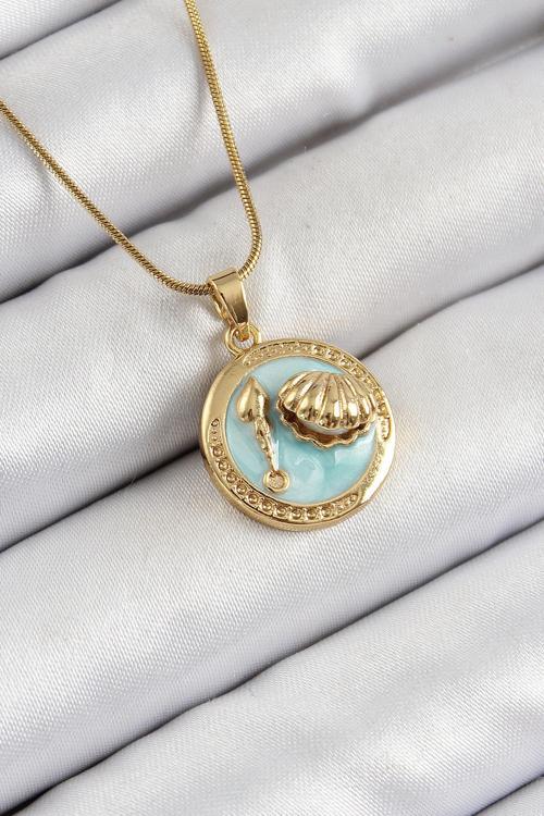Zincir Turkuaz Mineli Sanatsal Portre İstiridye Model Gold Renk Kadın Kolye - EBJ250605W34534