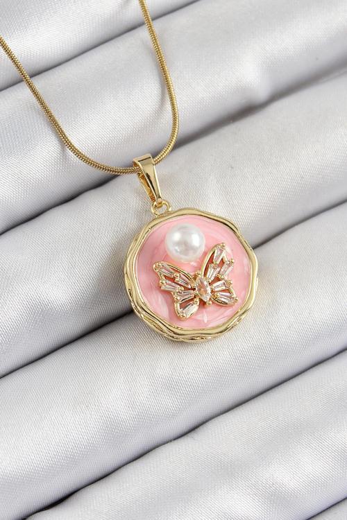 Zincir Zirkon Taşlı Pembe Sanatsal Portre İnci Detaylı Kelebek Model Gold Renk Kadın Kolye - EBJ250605W34541