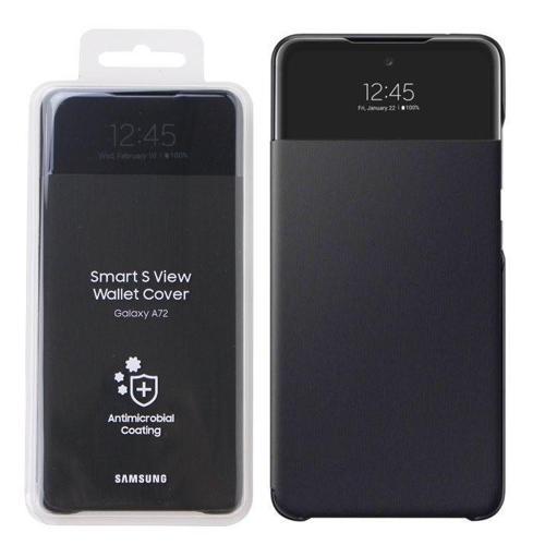 OUTLET Samsung Galaxy A72 Smart S View Wallet Cover Kılıf Siyah (Antimicrobial Coating) OUTLET
