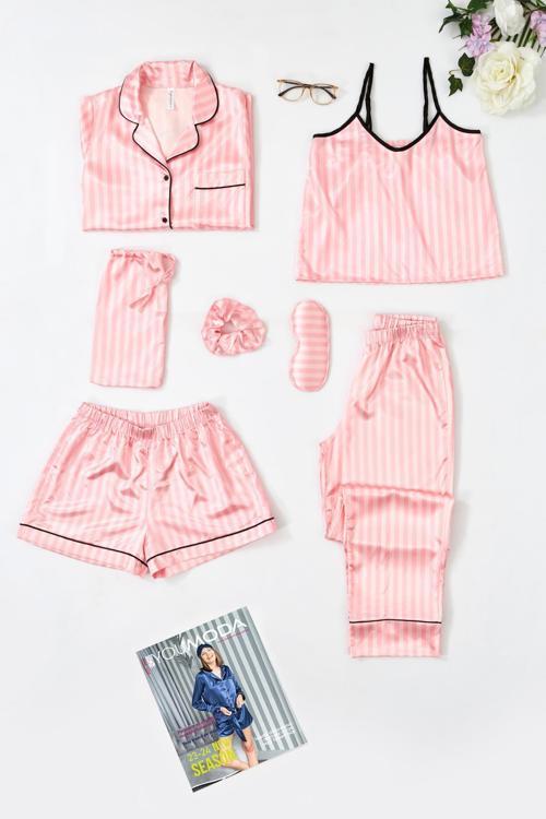 7'li Pembe Çizgili Saten Pijama Takımı
