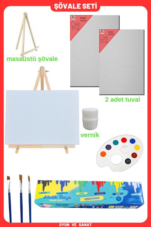 Resim - Boya Seti - Mini Masa Şövalesi, 2 Adet Tuval, Resim Verniği, Akrilik Boya, Palet, (Şövalye)