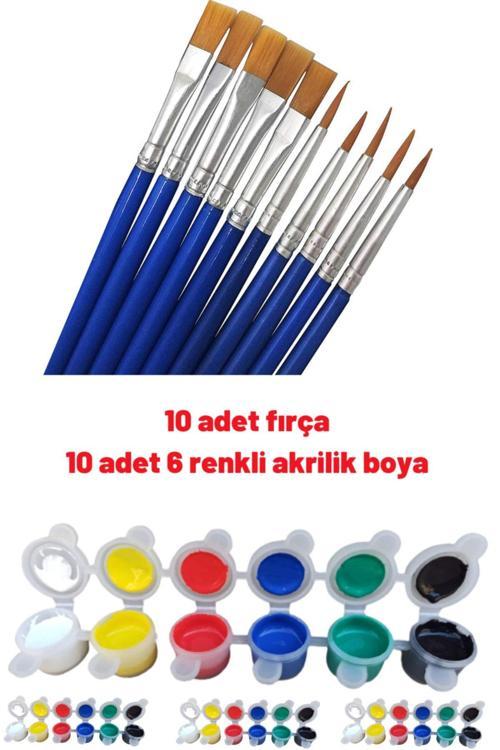 10 Adet Yağlı Boya Akrilik Fırça, 10 Adet Akrilik Boya (5Er Ml 6Şar Renkli)