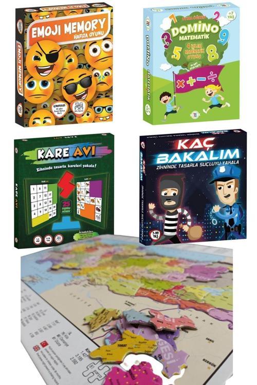 Ilkokul Ortaokul 5Li Akıl Zeka Oyunları Seti-Emoji Memory, Türkiye Puzzle, Domino Matematik..