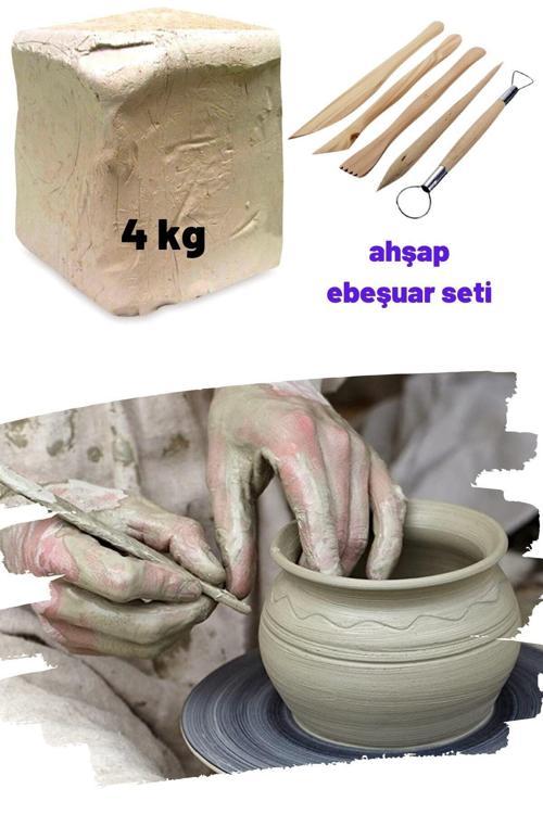 4 Kg Beyaz Seramik Hamuru, Ahşap Ebeşuar Seti, 4000 Gr Kil Çamuru, Doğal Hobi Oyun Çamuru