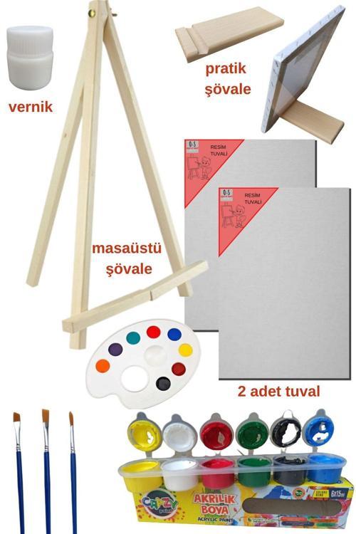 Masaüstü Şövaleli Resim Boya Başlangıç Seti, 2 Tuval, 6Lı Boya, Palet, Vernik. (Şövalye)