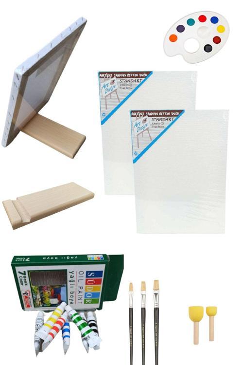 Yağlı Boya Resim Başlangıç Seti -Mini Taşınabilir Şövale, 2 Tuval, Yağlı Boya, Palet, Fırça Şövalye