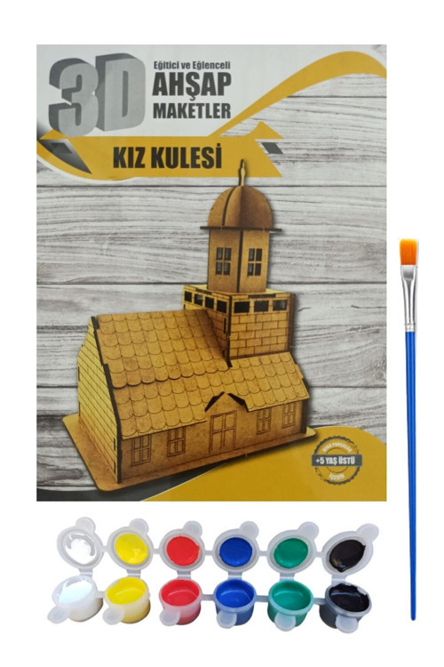 Ahşap Boyama Seti, Kız Kulesi Seti, (3D Ahşap Maket), 6'Lı Boya, Fırça