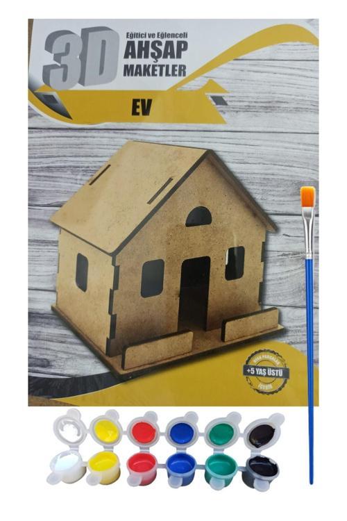 Ahşap Ev Boyama Seti (3D Ahşap Maket), 6'Lı Boya, Fırça