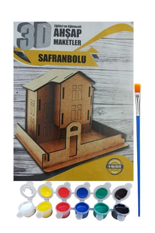 Ahşap Ev Boyama Seti (3D Ahşap Maket), Safranbolu Ev Yapma Seti, 6'Lı Boya, Fırça