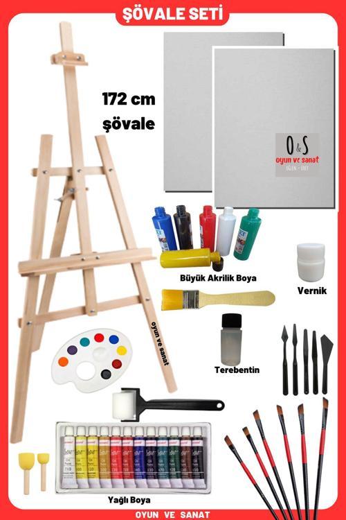 Lüks Resim Başlangıç Seti 3-Şövale (Şövalye), Tuval (Tual Seti), Ressam Akrilik Yağlı Boya Seti