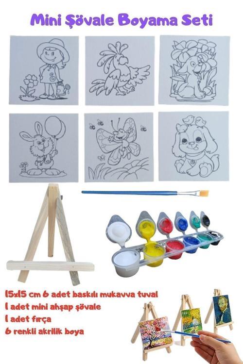 Mini Şövale Çizimli Resim Başlangıç Seti, Akrilik Boya, Fırça, Şövale Çocuk Hediye Ressam Seti