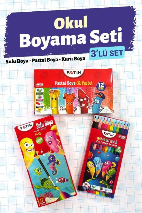 Okul Boyama Seti 3'lü Set  - 12'li Sulu Boya  12'Lİ Kuru Boya 12'li Pastel Boya-T1405