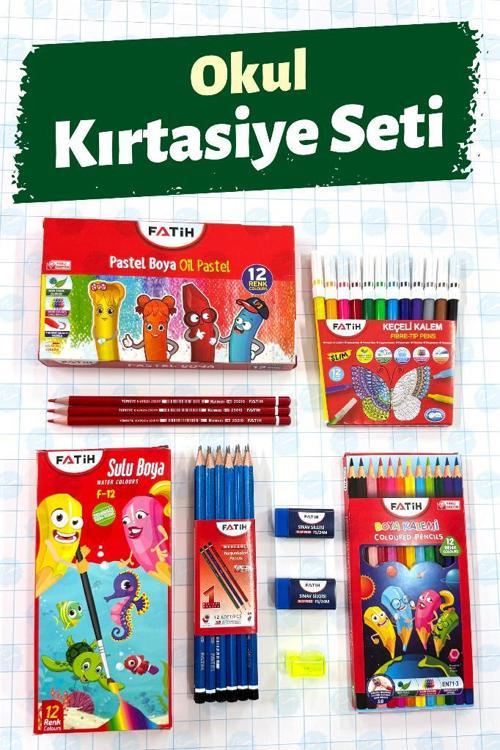 Okul Kırtasiye Seti 2 - Pastel Sulu Kuru Keçeli Kurşun Kalem Silgi Kalemtraş Kırmızı Kalem 